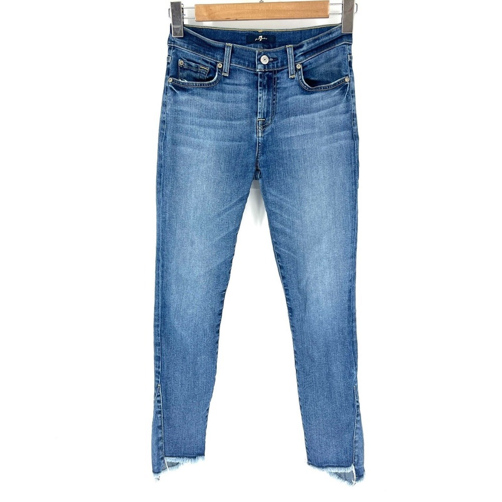 7 For All Mankind Slim Skinny Jeans Womens 26 Medium Blue Wash Raw Frayed Hem